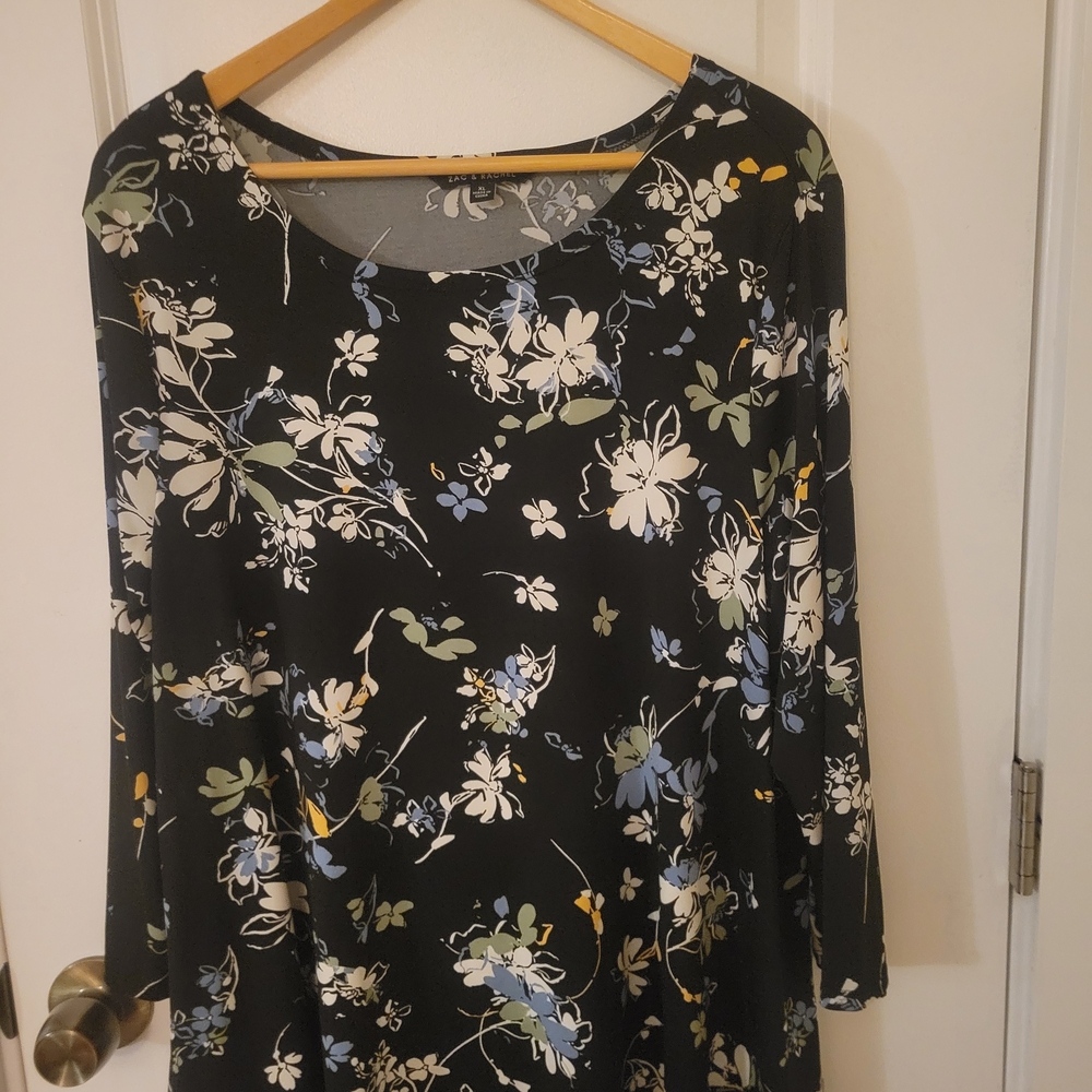 Zac & Rachel Black Floral Tunic with White, Blue & Green Flowers